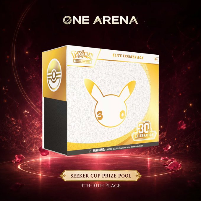 A Pokémon 30th Anniversary Celebration Elite Trainer Box is displayed against a dark red, cosmic background featuring "ONE ARENA" branding at the top and a "SEEKER CUP PRIZE POOL — 4TH-10TH PLACE" banner at the bottom, illustrating the prize awarded to top Seeker Cup leaderboard finishers.