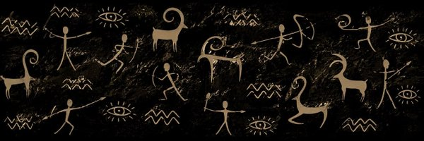 A decorative pattern featuring ancient cave-painting-style symbols, including stick figures, animals, eyes, and water waves, rendered in tan on a black background.