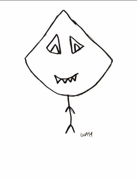 A simple black-and-white line drawing of a kite with a jack-o'-lantern face floats on a stick, with the name "WATT" signed in the corner.