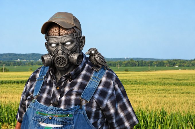 A surreal image of a farmer in denim overalls and a gas mask with an exposed brain and glowing eyes, standing in a field with a black bird on his shoulder.