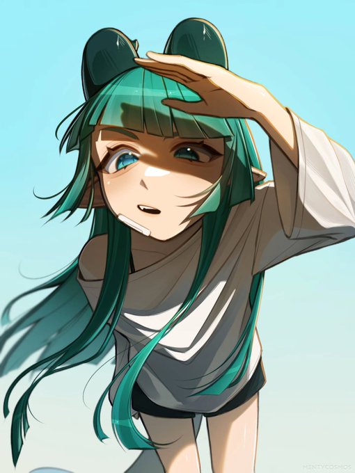 An anime-style illustration of a girl with long teal hair and a hair bow, shielding her eyes with her hand as she looks upward.