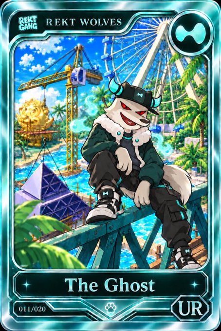 A trading card titled 'REKT WOLVES' featuring 'The Ghost' (011/020, UR rarity) shows a white wolf character wearing a black cap with horns, a fur-collared jacket, and sneakers, sitting on a wooden beam overlooking a tropical amusement park.