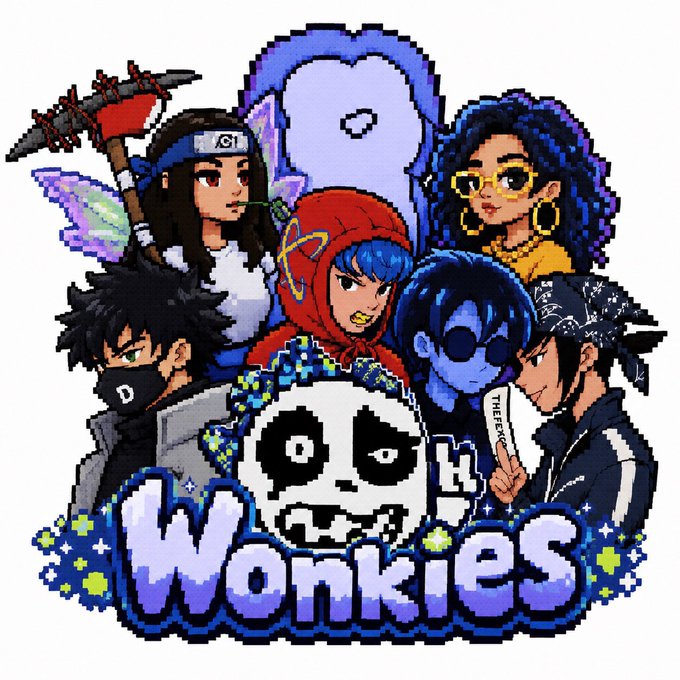 A pixel art banner for "Wonkies" featuring a colorful cast of anime and street-style characters—including a ninja with a bat, a red-hooded figure, a woman with yellow glasses, and a character with sunglasses and a bandana—arranged around a central ghost-like face and skull mascot. The bold "Wonkies" logo anchors the design, visually representing the eclectic, community-driven pixel art collection referenced in the post.