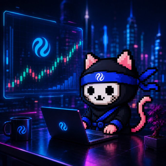 A pixel-art style character with cat ears wearing a ninja-like outfit, working on a laptop with a trading chart showing a rising trendline displayed on a holographic screen, branded with an Injective (INJ) logo.
