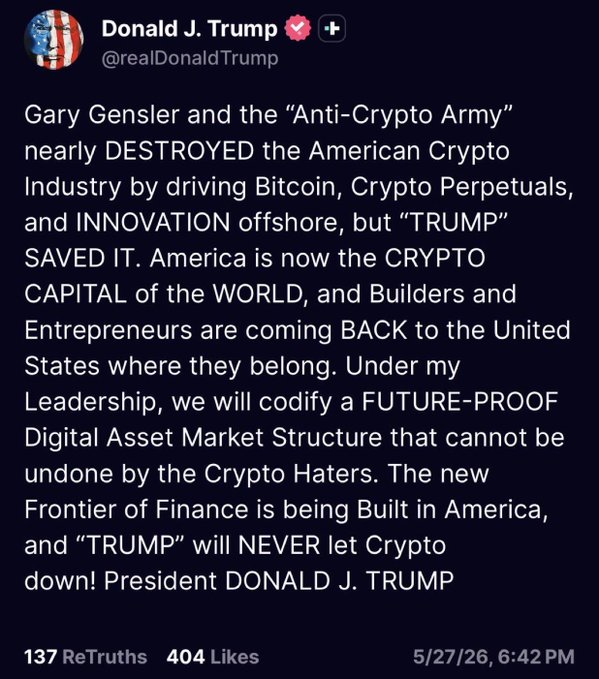 The image shows a meme on social media with text promoting Bitcoin and Trump's promise to never abandon the cryptocurrency market. The meme features an American flag and a caption that reads, "THEY HAVE TO BRING A BULL TO THIS MARKET! TRUMP made a statement saying, 'Trump Will NEVER Abandon Crypto Halfway!'" This image aims to spread awareness about Bitcoin and the importance of holding leaders accountable in relation to this technology.