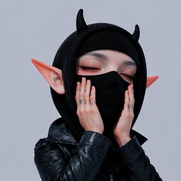 A person poses in a black balaclava with small devil horns and pointed elf ears, wearing a leather jacket and covering their face with their hands.