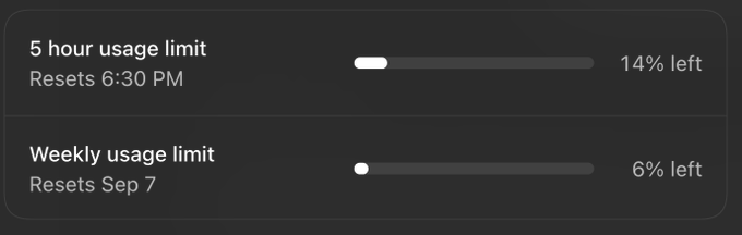 A dark-themed screen displaying usage limits: '5 hour usage limit Resets 6:30 PM 14% left' and 'Weekly usage limit Resets Sep 7 6% left'.