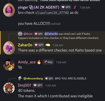 A Discord chat screenshot showing a conversation about "$PROVE" token allocations, with users including ZaharOn mentioning a "different checker, not Kaito based one," Dmjj007 sharing "40 tokens" while noting "The main X which I contributed was ineligible," and niknurenberg congratulating eligibility—directly relating to the post's discussion of receiving 2,000 $PROVE tokens through non-Kaito metrics used to identify active Succinct creators.