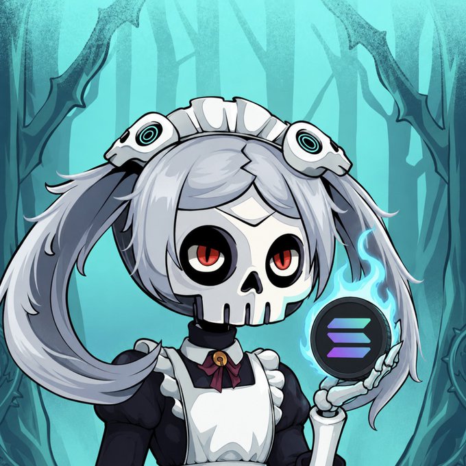An anime-style skeletal maid character with long gray hair in pigtails holding a glowing Solana cryptocurrency coin in a spooky forest setting.