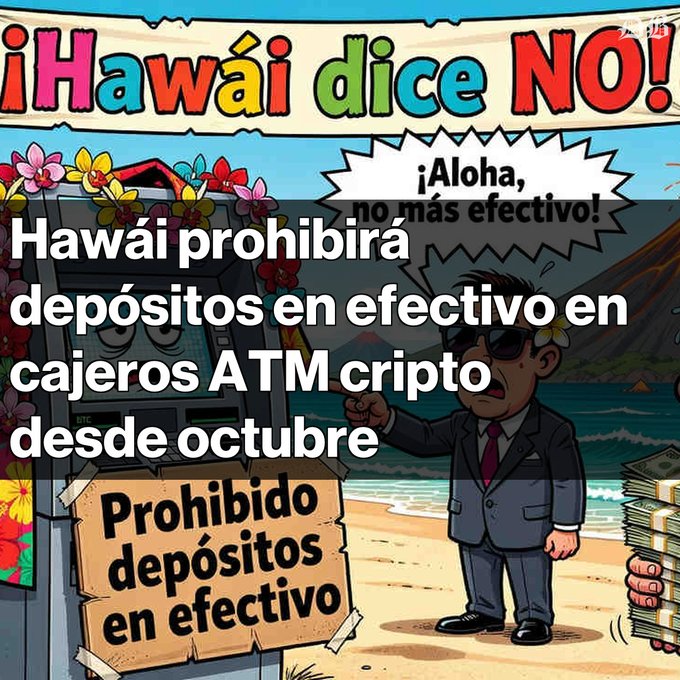 A Spanish-language cartoon graphic with the headline '¡Hawái dice NO!' and text reading 'Hawaii prohibirá depósitos en efectivo en cajeros ATM cripto desde octubre', showing a suited man pointing at a decorated crypto ATM with a sign 'Prohibido depósitos en efectivo'.