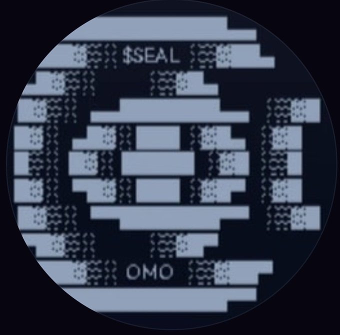 A circular digital token or coin design with '$SEAL' at the top and 'OMO' at the bottom, featuring a geometric pattern resembling a stylized 'S' in the center.