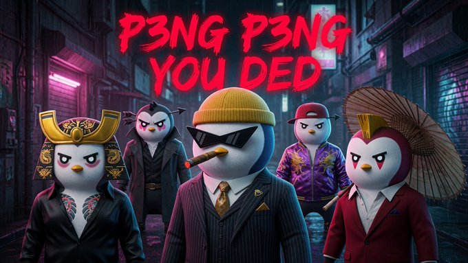 A stylized image of five penguin-like characters in edgy/yakuza-inspired outfits (sunglasses, suits, samurai armor, umbrella) with red graffiti-style text reading 'P3NG P3NG YOU DED'.