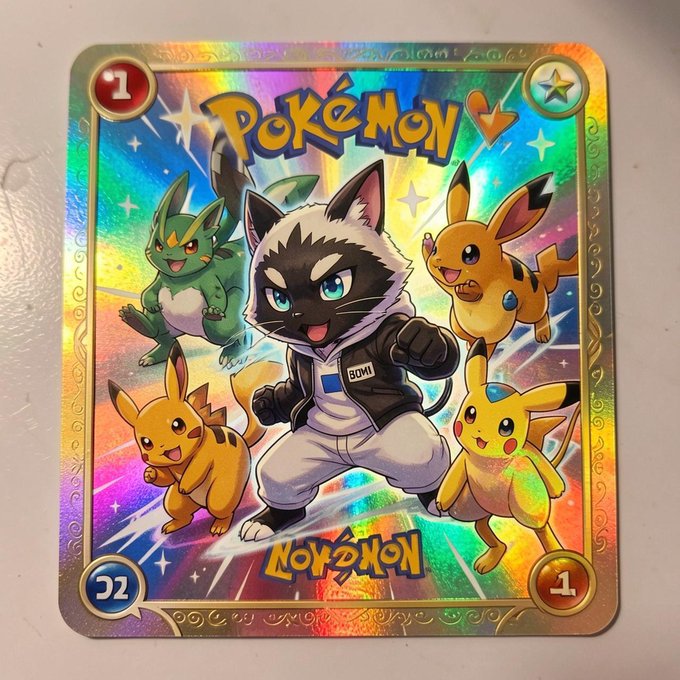 A holographic Pokémon trading card featuring an anime-style cat character wearing a hoodie with 'BOW' written on it, surrounded by Pikachu and other Pokémon, with the text 'Pokémon' displayed in a stylized mirrored font.