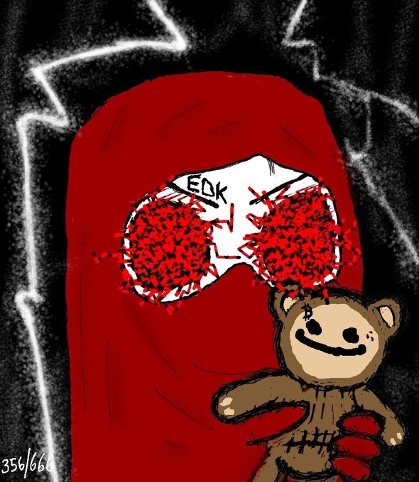 A digital illustration depicts the Among Us character in red, stabbed with knives in both eyes and labeled 'EOK', holding a small teddy bear against a black background with white glowing lines, with '356/666' written in the bottom left corner.