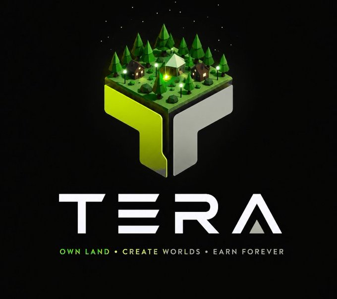 A logo for 'TERA' featuring a 3D isometric illustration of a forested island with cabins floating above the text, and the tagline 'OWN LAND • CREATE WORLDS • EARN FOREVER' below it.