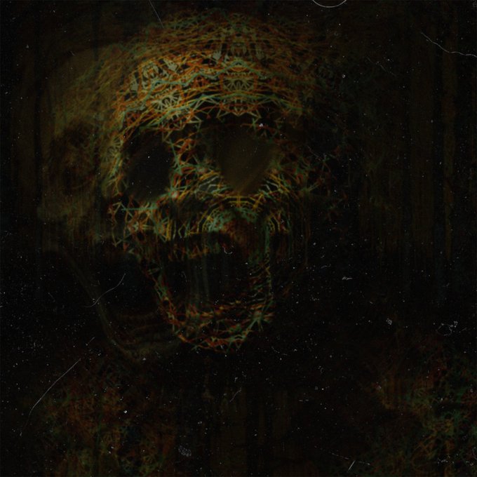 Dark, eerie artwork depicting a skull-like face formed from tangled, fibrous lines in orange and green hues against a black background.
