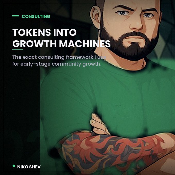 An illustrated promotional graphic features a bearded man with tattooed arms wearing a green shirt. The text reads "CONSULTING: TOKENS INTO GROWTH MACHINES - The exact consulting framework I use for early-stage community growth" with "NIKO SHEV" credited at the bottom.