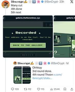 The image shows two tweets from @TbnCrypt, including one stating "Many cut, 4th done, 5th next" and another reading "Ohhkay, 3rd round done, 4th round Thoon," alongside a "Recorded - Your address is on the list. You'll be re-added." screen from gallerria.theflorrentines.xyz. The NFT space humor likely stems from the creator's repetitive round-by-round updates and the oddly menacing "Recorded" message about re-adding addresses.