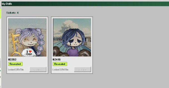 A 'My Doll' collection interface displaying two revealed dolls (#2202 and #2416) both locked for 336h:59m, showing an anime character with a key and another with dark hair and a purple shirt.