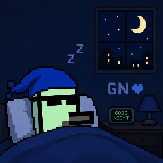 The image features a cartoon character wearing a blue hat with "Z" written on it, lying down in bed with their eyes closed while sleeping. The character appears to be in a dark room, possibly at night or during a power outage. A clock can be seen nearby, and there is also a lamp present in the scene.

The post includes text that reads: 
"Good night everyone GN legends New campaign on nucleus @CNPYNetwork $CNPY Let's join fam, see ya tomorrow". The image seems to be related to the "GN" character from the cartoon series, possibly as part of a new campaign or promotion.