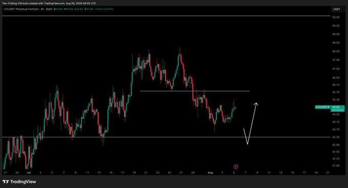 A TradingView 4-hour chart of the LTC/USDT perpetual contract on Bybit showing price action between approximately $43.20 and $48.90, with an arrow indicating a potential move up toward the $45.70 resistance level. The chart visualizes the post's setup, highlighting the key $45.70 reclaim level as a potential bullish entry point while the price currently sits near $45.05.