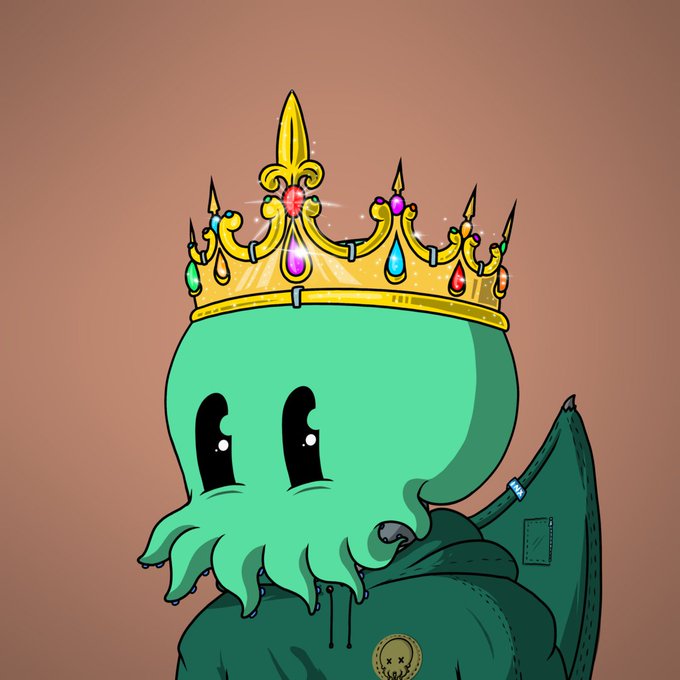 A cartoon-style illustration of a green octopus-like creature wearing a large, ornate golden crown with colorful jewels and a green hoodie, set against a solid brown background.