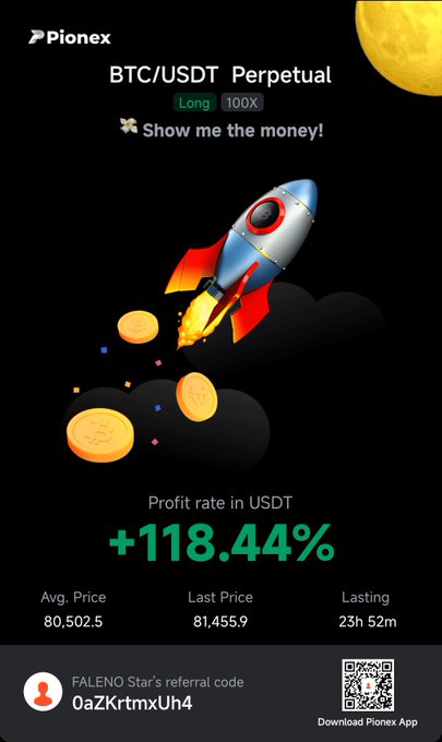 A Pionex trading graphic for 'BTC/USDT Perpetual' showing a rocket ship with a profit rate of +118.44% in USDT.