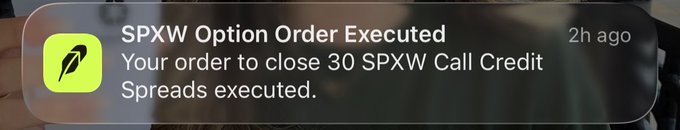 A Robinhood notification confirms "SPXW Option Order Executed" showing "Your order to close 30 SPXW Call Credit Spreads executed" from 2h ago, which relates to the post's celebration of profiting on a SPX call credit spread trade following the end-of-month rebalance pop.