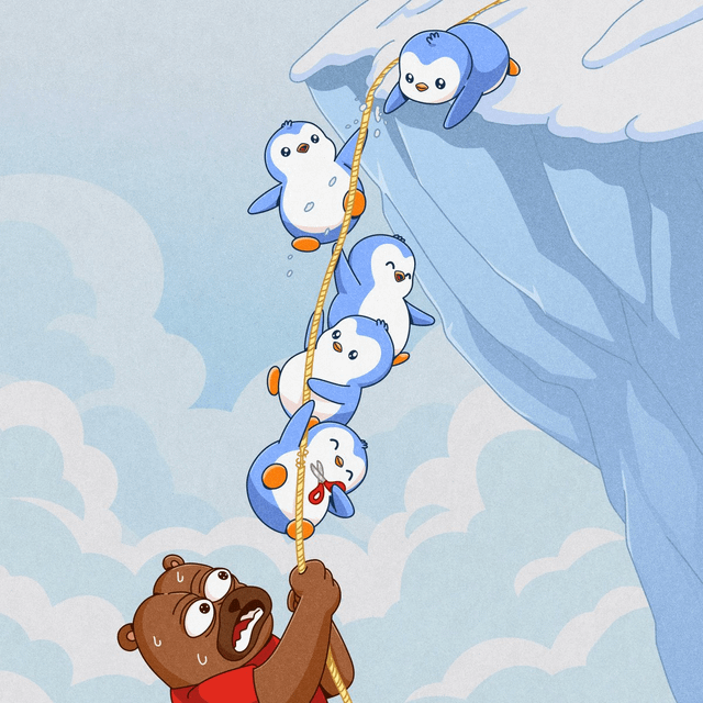 A panicked bear sweats while holding up a rope as a line of penguins stack up and prepare to slide down from an icy cliff, playfully threatening to "cut the rope" in a comedic PENGU-themed scene.