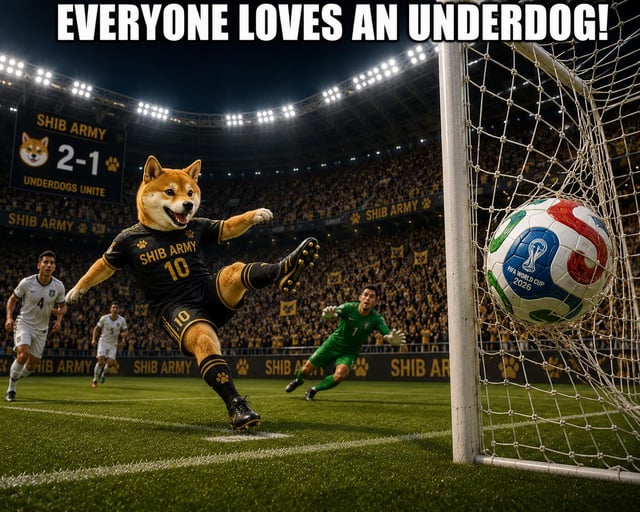 The image features a soccer field with players dressed in black uniforms, including one player wearing a shin guard costume as a Shiba Inu dog character kicking a soccer ball towards the goal. The caption of the image reads "Everyone loves an underdog!".