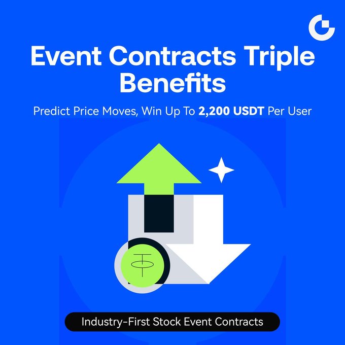 A vibrant blue advertisement promoting a one-day "Event Contracts Triple Benefits" campaign offering up to 2,200 USDT in rewards for predicting price moves, featuring up/down arrows and a coin icon with the tagline "Industry-First Stock Event Contracts." The bold graphic highlights the limited-time promotion ending October 21, emphasizing first-trade loss protection for new users.