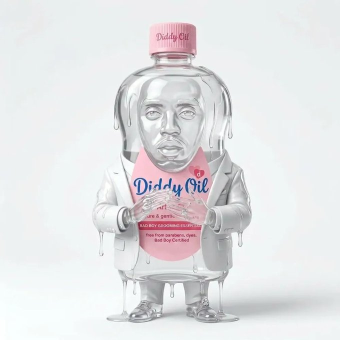 The image features a glass bottle with a face made of water droplets, dressed in a suit and tie, giving it an anthropomorphic appearance. The bottle has a pink cap that matches its face design. The text "diddly oil" is written on the bottle, which could be related to the product being sold or possibly part of the artistic concept behind this image. The caption provided suggests that the bottle was sold for 0.44eth and might have been created by someone named "NFTs".