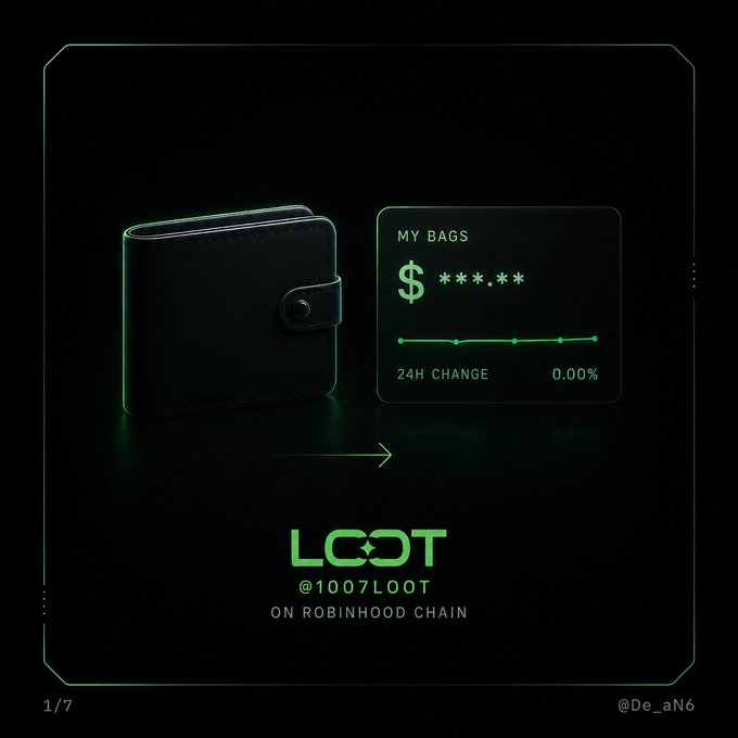 A black wallet sits beside a digital dashboard showing "MY BAGS $ ***.**" with a flat "0.00%" 24H change line, visualizing the stagnant crypto experience the post describes—before the discovery of LOOT (@1007LOOT) on Robinhood Chain.