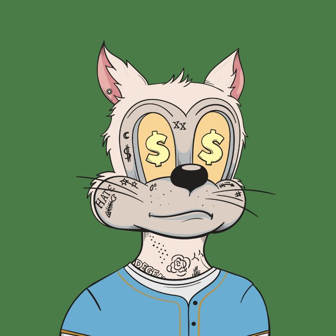 An illustration of a cartoon white cat character with dollar signs for eyes, various tattoos, and a blue shirt against a green background.