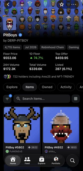 A mobile app screen displays an NFT collection called 'PitBoys' by DERP-PITBOY, showing a floor price of $553.06, 24H volume of $172.3K, and pixel art character items including 'PitBoy #5802' and 'PitBoy #4932'.