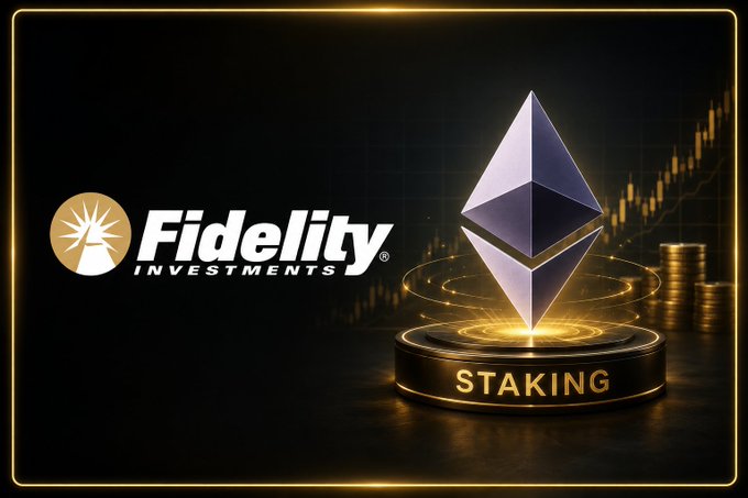 The image displays the Fidelity Investments logo alongside a large Ethereum (ETH) logo resting on a glowing golden pedestal labeled "STAKING," with a rising crypto chart and stacked coins in the background. This visual directly reinforces the post's announcement that Fidelity's FETH Ethereum ETF is seeking SEC approval to stake 85% of its holdings and distribute staking rewards quarterly to investors.