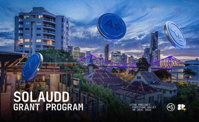 Promotional banner for the "SOLAUDD Grant Program" event at The Precinct, Fortitude Valley on 28 July 2026, featuring floating Solana (SOL) and AUDD tokens against a twilight Brisbane skyline with an illuminated bridge, advertising a gathering for Solana grant-funded projects and Australia's AUDD stablecoin.
