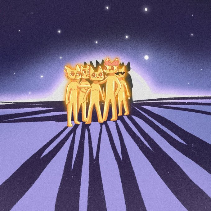 An illustration of glowing yellow cat figures standing together under a starry night sky, casting long shadows across a dark landscape.