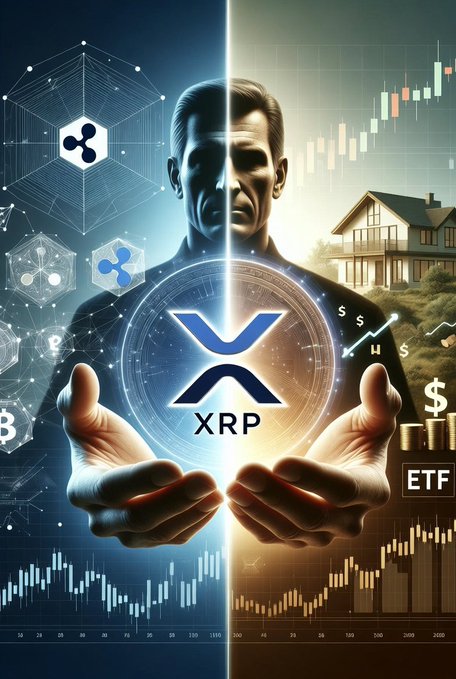 The image features a man holding a blue coin with an XRP symbol above his head. The background of the image shows a house and various graphs related to cryptocurrency trading. The caption below the image reads, "Focus on what is in the image and how it relates to the post."