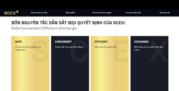 A screenshot from the SCCX website displaying the four guiding principles of SCEX: Safe, Convenient, Efficient, and eXchange, with brief Vietnamese descriptions explaining each principle.