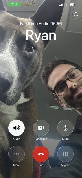A screenshot of an active FaceTime Audio call at 06:56 with a contact named 'Ryan,' showing a dog and a man with glasses on the camera feed, along with call controls (Audio, FaceTime, Mute, End, Keypad, More).