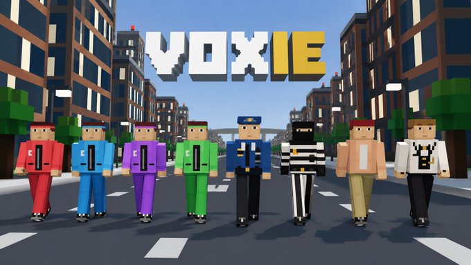 Promotional image for the game 'VOXIE' featuring eight blocky, voxel-style character avatars (including Impostor, police officer, prisoner, and others) standing on a city street with the title displayed above.
