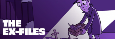 A purple-tinted illustration shows an X-Files-style detective peering suspiciously at a tombstone marked "Clubhouse," with the caption "THE EX-FILES" displayed in bold white text, humorously framing the post's breakup narrative with the app.
