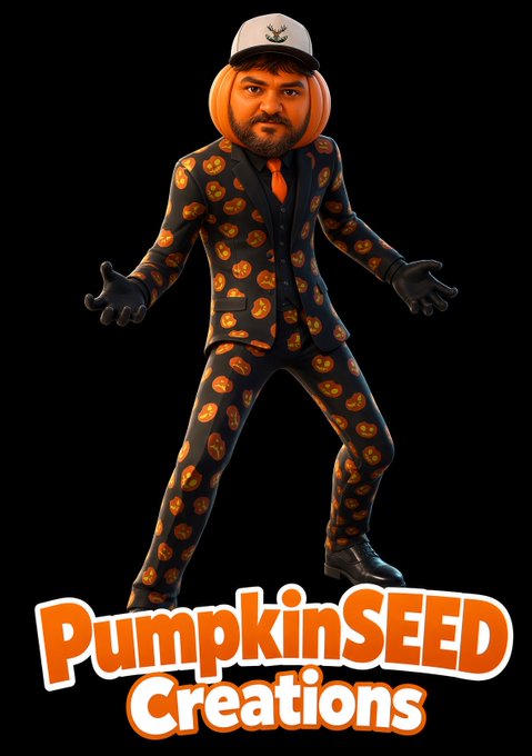 A 3D-rendered character with orange hair and a beard wears a dark suit covered in an orange pumpkin pattern, along with a grey cap, black gloves, and a red tie, standing above the logo 'PumpkinSEED Creations'.