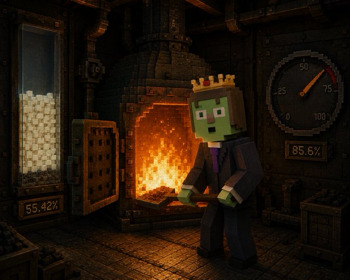 A Minecraft-style pixel art scene shows a green-skinned character wearing a crown and suit standing near a roaring furnace, with gauges displaying '55.42%' and '85.6%' on the walls.