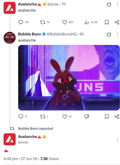 A screenshot of X (formerly Twitter) posts from @avax and @BubbleBunsHQ, both simply captioning "avalanche," with Bubble Buns' reply featuring an anime-style red bunny character in a dark hooded cape holding a drink against a purple/blue neon-lit background—likely promoting the new BubbleBuns whitelist campaign on the Avalanche ecosystem.