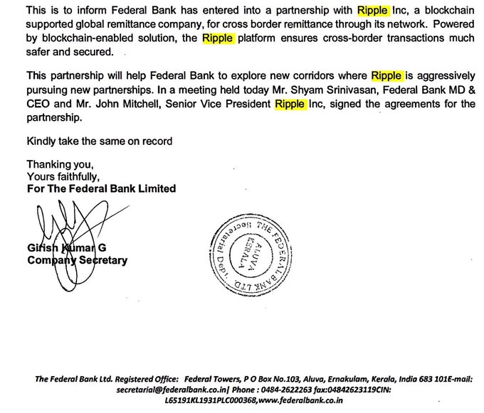 The image shows an official corporate announcement from Federal Bank Limited, signed by Company Secretary Girish Kumar G, informing that Federal Bank has partnered with Ripple Inc., a blockchain-supported global remittance company, for cross-border remittance through its network. The agreement was signed by Federal Bank's MD & CEO Shyam Srinivasan and Ripple's Senior Vice President John Mitchell. The accompanying post suggests this partnership supports claims that BRICS nations, including India, will use XRP as a "neutral bridge asset," with institutional money flowing through Ripple's blockchain solution to unlock trillions in cross-border transactions.