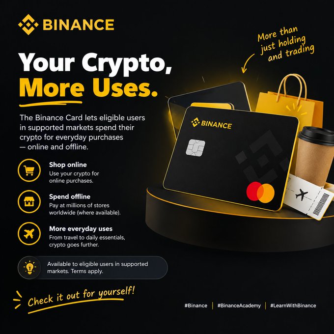 A Binance advertisement titled "Your Crypto, More Uses." promoting the Binance Card for shopping online, spending offline, and other everyday uses, with hashtags #Binance #BinanceAcademy #LearnWithBinance.