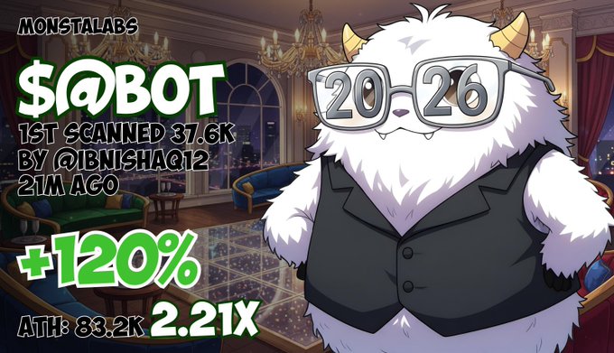 A cartoon yeti mascot wearing sunglasses that read "20 26" and a black vest, standing in a casino/lounge setting, with text advertising "$@BOT", "MONSTALABS", "1ST SCANNED 37.6K BY @IBNISHAQ12", "21M AGO", "+120%", and "ATH: 83.2K 2.21X".