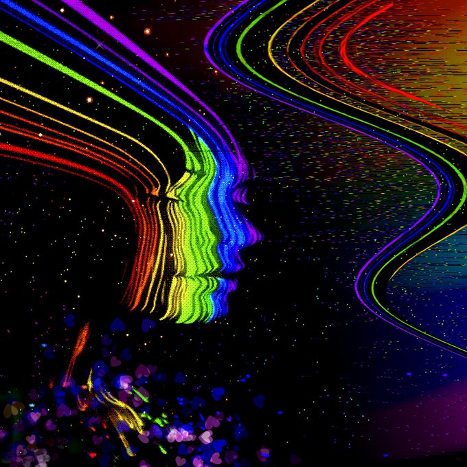 A woman in profile composed of vibrant rainbow-colored light streams faces right against a dark void, with colorful heart shapes scattered at her feet and a reflection of her figure visible below. The piece, titled "HOPE Beyond the Void," embodies the caption's poetic themes of solitude and resilience, using a kaleidoscope of colors as a symbol of enduring hope amidst darkness.